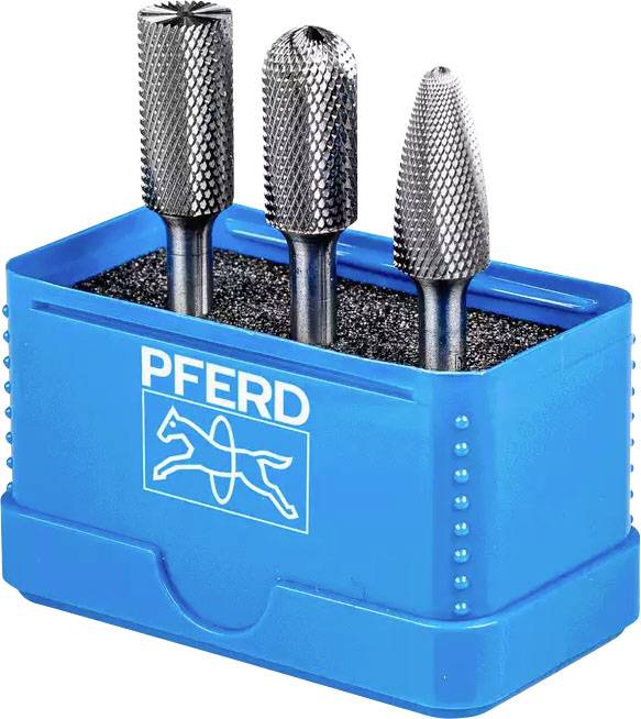 Drei Metallfräser in einer blauen Halterung mit der Aufschrift 'PFERD'.