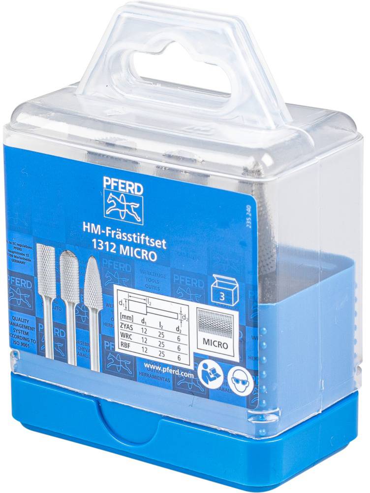 Ein Set von HM-Frässtiften in einer transparenten Kunststoffbox mit blauem Boden, Produktangaben und Diagramm auf der Verpackung.