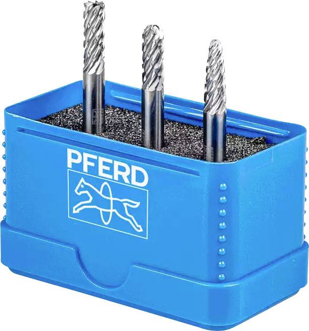 Drei Frässtifte in einem blauen Kunststoffbehälter mit dem Logo eines Pferdes.