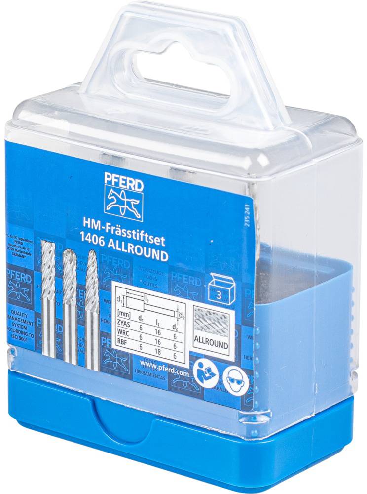 Blaues Kunststoffetui mit Metallfräser-Set. Enthält drei Fräser verschiedener Größen. Etikett zeigt Tabelle mit technischen Details.