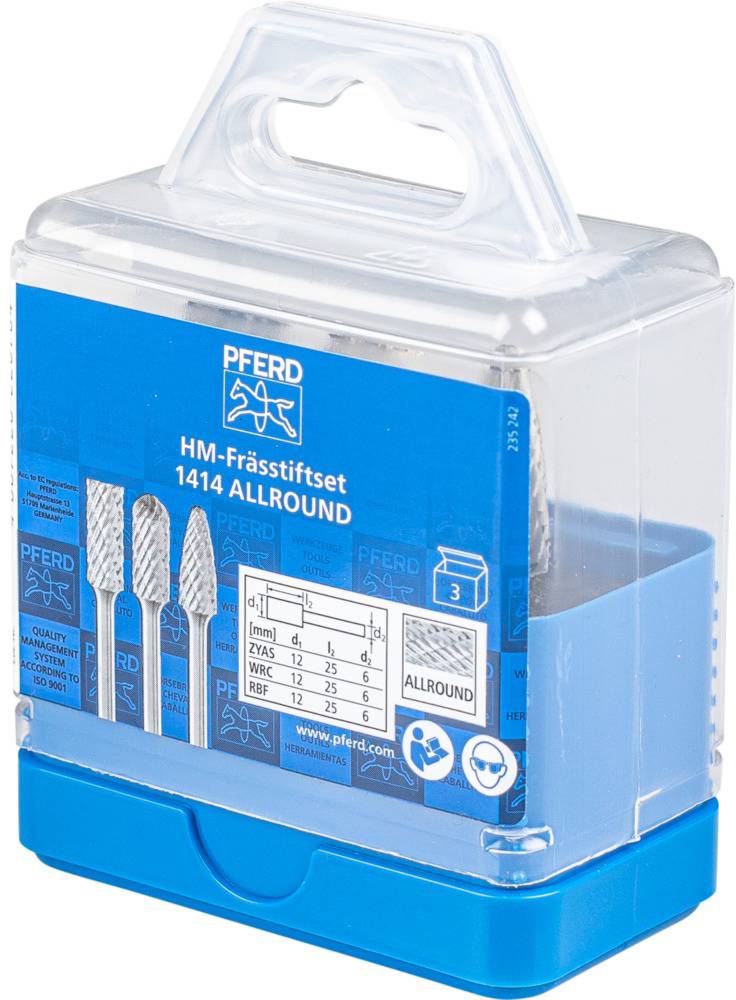 Blaues Kunststoffetui mit einem HM-Frässtiftset. Verpackung zeigt Grafiken und Spezifikationen der enthaltenen Frässtifte.