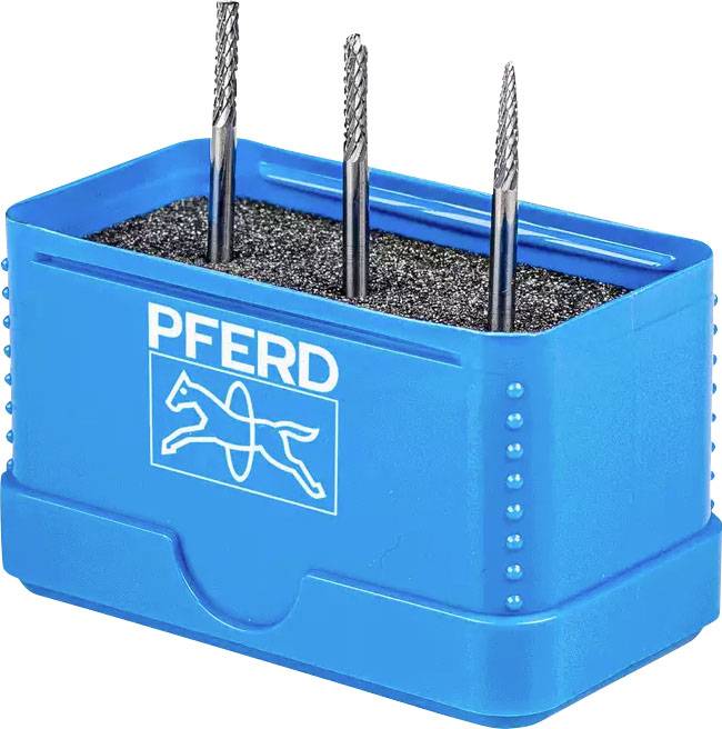 Blaue Aufbewahrungsbox mit dem Aufdruck 'PFERD', enthält drei rotierende Präzisionsfräser mit Metallspitzen.