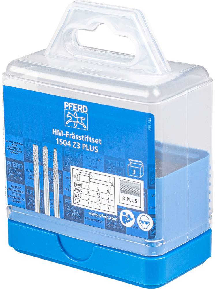 Setzbox mit drei HM-Frässtiften von PFERD, Modell 1504 Z3 PLUS. Enthält technische Spezifikationen und Größenangaben auf der Verpackung.