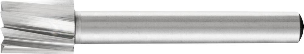 Silberner Schaftfräser mit zylindrischem Schaft und mehreren Schneiden am Kopf, verwendet zur Bearbeitung von Metalloberflächen.