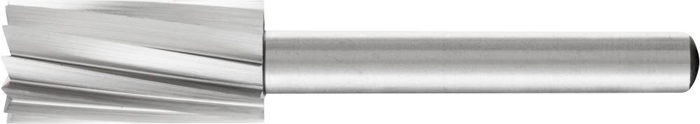 Metall-Fräser mit spiralförmigen Schneiden und zylindrischem Schaft, verwendet zum Präzisionsschneiden in Bearbeitungsprozessen.
