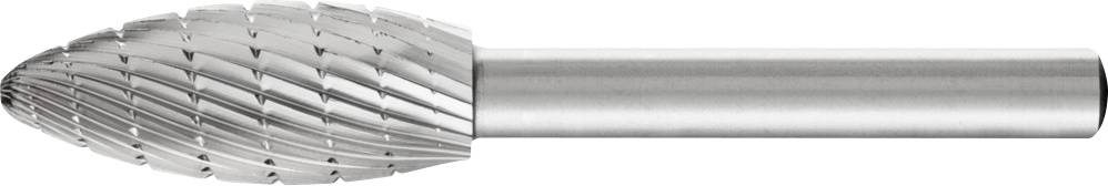 Ein zylindrischer, metallischer Frässtift mit kegelförmigem Kopf und spiralförmigen Schneidkanten, verwendet für Metallbearbeitung.