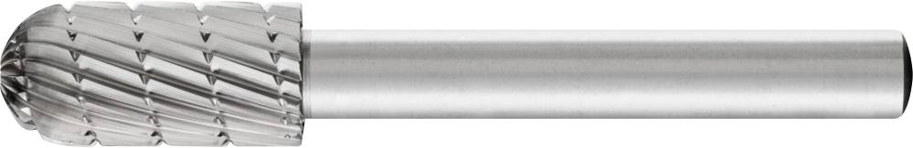 Ein zylindrischer Metall-Frässtift mit einer geriffelten, eiförmigen Spitze, verwendet zum Bearbeiten von Materialien in der Metallbearbeitung.