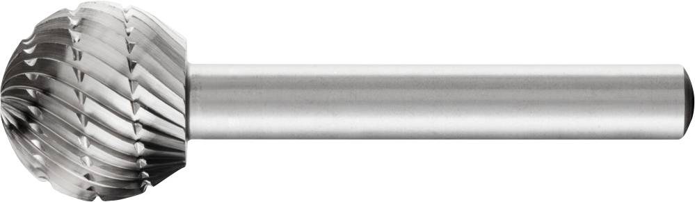 Frässtift aus Metall mit kugelförmigem Kopf und spiralartigen Schneidezähnen, geeignet zum Bearbeiten verschiedener Materialien.