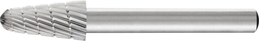 Zylinderfrässtift mit spitzem Kopf und spiraliger Verzahnung. Hauptsächlich für das Fräsen von Metallen und anderen harten Materialien verwendet.