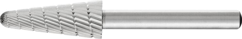 Ein kegelförmiger Frässtift aus Metall mit spiralförmigen Schneiden, geeignet für Feinarbeiten und Materialbearbeitung.