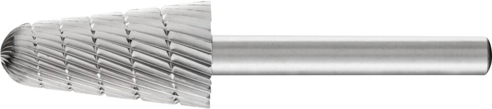 Ein rotierendes Fräswerkzeug aus Metall mit einer konisch geformten Schneidfläche und einem glatten Schaft. Geeignet für Präzisionsarbeiten.