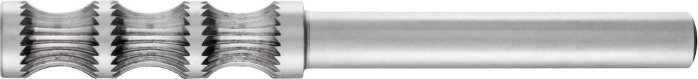 Metallschneidwerkzeug mit gezackter Kante an einem zylindrischen Schaft. Wird typischerweise zur Bearbeitung harter Materialien verwendet.