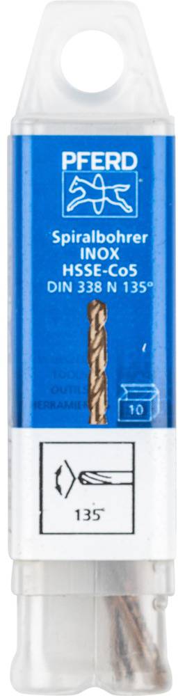 Spiralbohrer in Verpackung von Marke 'PFERD', geeignet für INOX, Material HSS-E Co 5, DIN 338 N 135°, blaue Hülle.