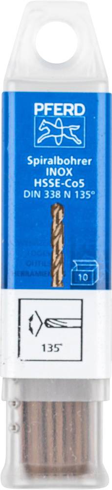 Bohrer-Packung der Marke 'PFERD' mit Spiralbohrer INOX, HSSE Co5, DIN 338 N 135°. Enthält 10 Stück. Abbildung des Bohrers und Details.