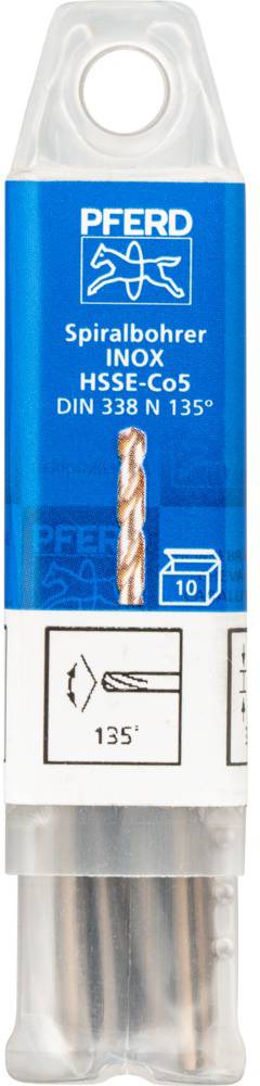 Eine Packung mit spiralförmigen Lochbohrern aus HSS-E/Stahl, geeignet für Metallbearbeitung. Enthält 10 Stück, Bohrerwinkel 135 Grad.