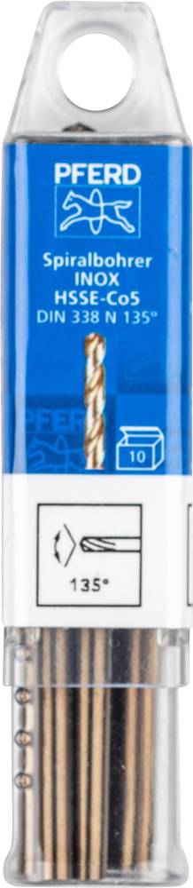 Verpackung eines Spiralbohrers mit der Aufschrift 'PFERD', 'Spiralbohrer INOX HSSE Co5'. Zeigt Bohreinsatz und Details zu Material und Norm.