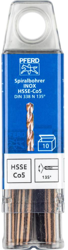 Verpackung mit 10 Spiralbohrern aus INOX HSSE-Co5, DIN 338 N 135°, für Metallbearbeitung. Marke: PFERD.