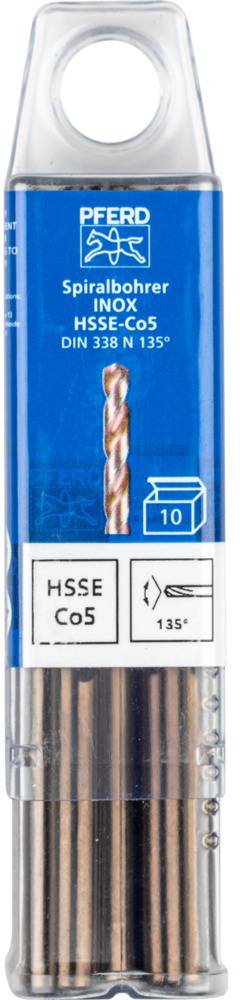 Verpackung mit zehn Spiralbohrern für Inox. Auf der blauen Verpackung steht 'Pferd'. DIN 338 N 135°, HSS C0.5.