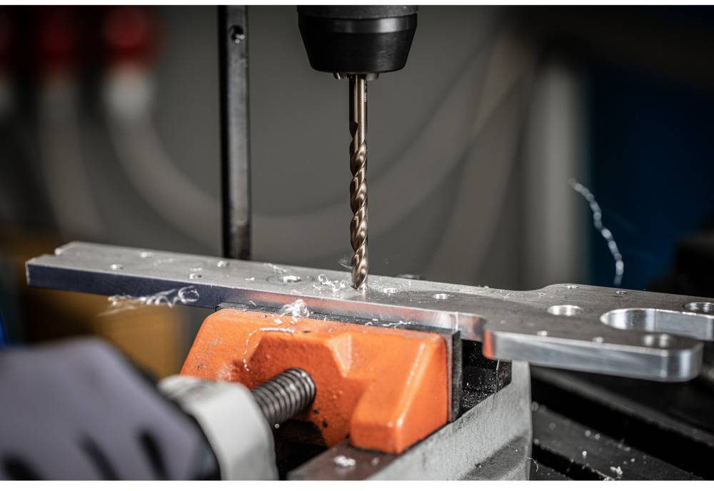 Eine Metallplatte wird mit einer Bohrmaschine fixiert und durchbohrt, gehalten von einer orangefarbenen Schraubzwinge.