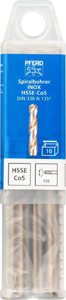 Verpackung mit zehn Spiralbohrern für INOX, Präzisionswerkzeug aus HSSE Co5, DIN 338, 135°, von der Marke PFERD.