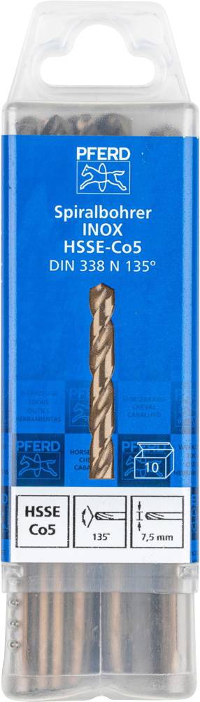 Verpackung mit Spiralbohrer aus HSSE Co5, geeignet für Edelstahl (INOX), DIN 338 N, 135°, Durchmesser 7,5 mm, Marke PFERD.