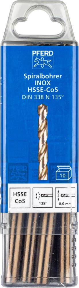 Verpackung mit 10 Spiralbohrern von PFERD, geeignet für Edelstahl, gekennzeichnet als HSSE Co5, 8,0 mm Durchmesser.