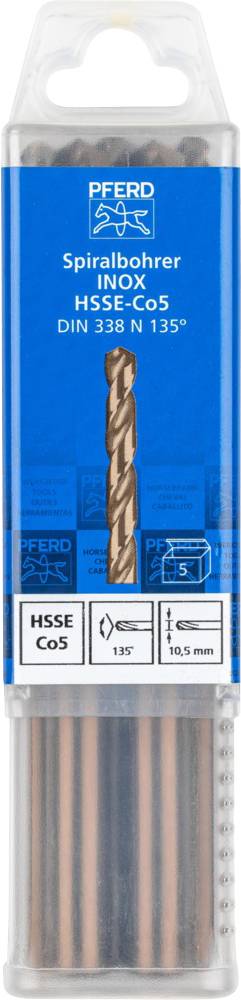 'Spiralbohrer INOX HSS-E Co5' in blauer Verpackung. Geeignet für Edelstahlbearbeitung, DIN 338 N 135°, 10,5 mm Durchmesser.