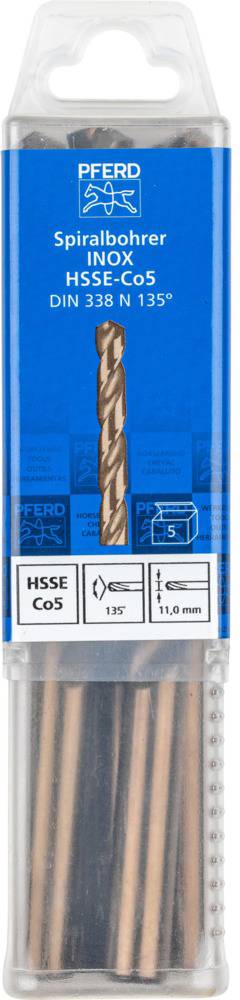 Verpackung von Spiralbohrern 'HSSE Co5' für Edelstahl mit einem Durchmesser von 11 mm, gekennzeichnet mit DIN 338 N 135°.