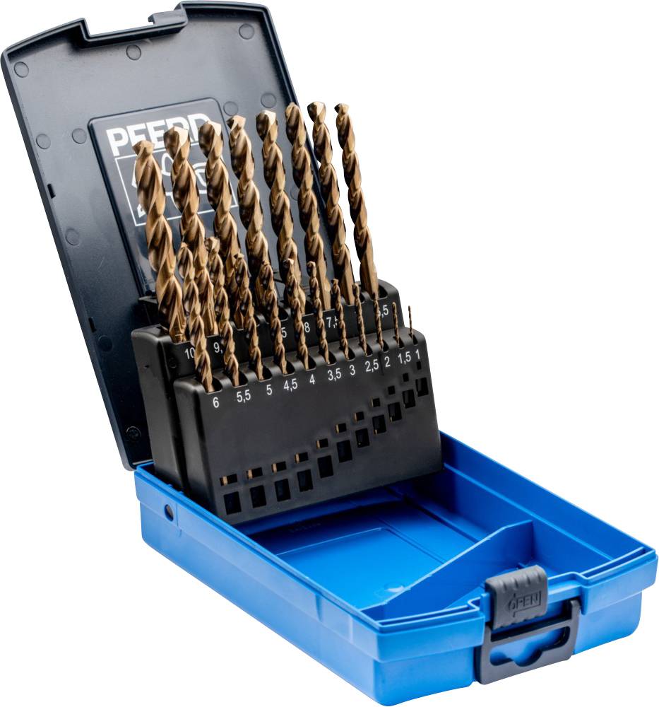 Ein Set Bohrer in einer blauen Box, verschiedene Größen von 1 bis 10 mm, geordnet in einem Halter mit Größenangaben sichtbar.