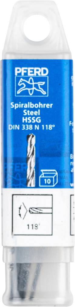 Eine Packung mit einem Spiralbohrer für Stahl, gekennzeichnet mit 'PFERD', HSSG DIN 338 N 118°, zeigt ein Bild des Bohrers und der Verpackung.