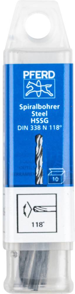 Verpackung eines Spiralbohrers mit der Aufschrift 'PFERD', geeignet für Stahl, HSS-G, DIN 338, mit 118-Grad-Spitze und 10 Stück.