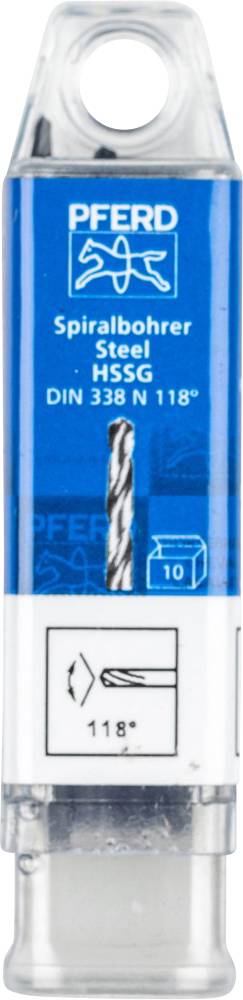 Eine Verpackung mit einem Spiralbohrer für Stahl, Typ HSSG, nach DIN 338 N 118°. Oben befindet sich ein Aufhängeloch.