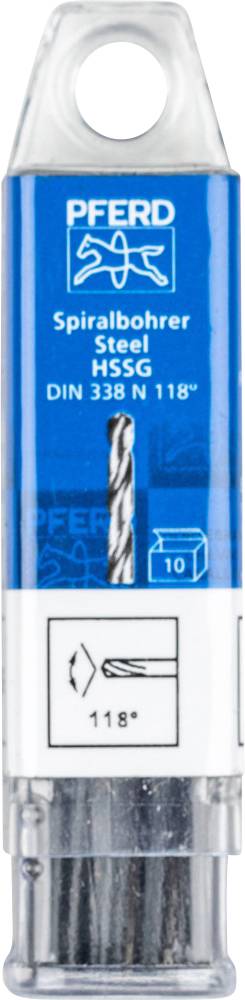 Verpackung eines Spiralbohrers aus Stahl der Marke PFERD. Bezeichnung: DIN 338 N 118°. Enthält technische Zeichnungen und Maße.