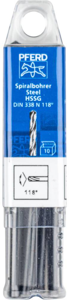 Verpackung mit Spiralkernbohrer 'PFERD'. Aufschrift: 'Spiralbohrer Steel HSS-G DIN 338 N 118°'. Enthält 10 Stück.