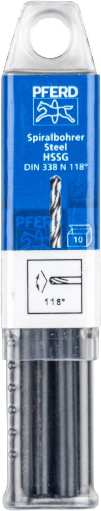 'PFERD Spiralbohrer Steel HSSG DIN 338 N 118°', Verpackung mit Bohrer-Set, zeigt Bohrergröße 10 mm, geeignet für Stahl.