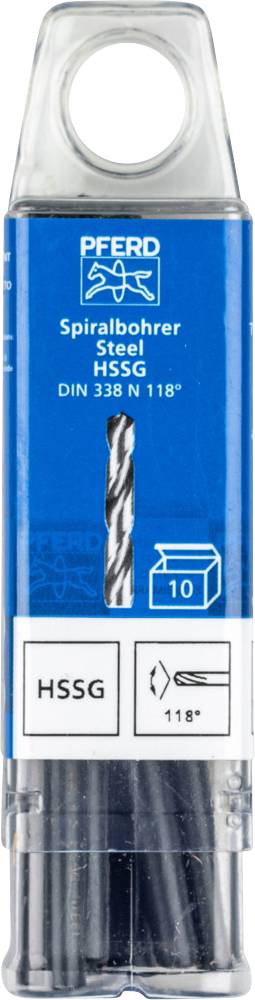 Verpackung von Spiralbohrern aus Stahl, Marke 'Pferd', Typ HSS-G, DIN 338 N 118°, enthält 10 Stück.