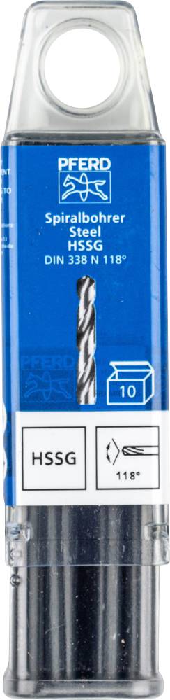 Verpackung mit Spiralbohrer für Stahl. Marke 'Pferd'. Enthält 10 Bohrer, HSSG, DIN 338, 118°.