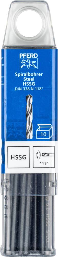 'Spiralbohrer Stahl HSSG', 10 Stück in blauer Verpackung mit durchsichtigem Deckel. Bohrergröße DIN 338 N 118°.