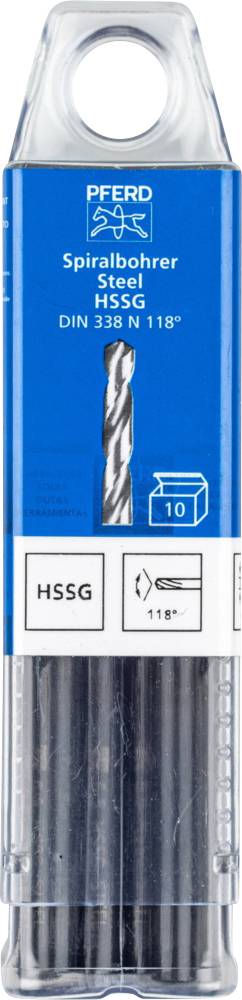 Verpackung mit einem Stahl-Spiralbohrer von 'Pferd', Modell 'HSSG', DIN 338 N 118°, enthält 10 Bohrer.
