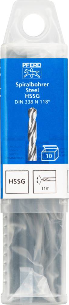 Verpackung eines Spiralbohrers aus Stahl mit der Aufschrift 'Spiralbohrer Steel HSSG DIN 338 N 118°'. Enthält 10 Stück.
