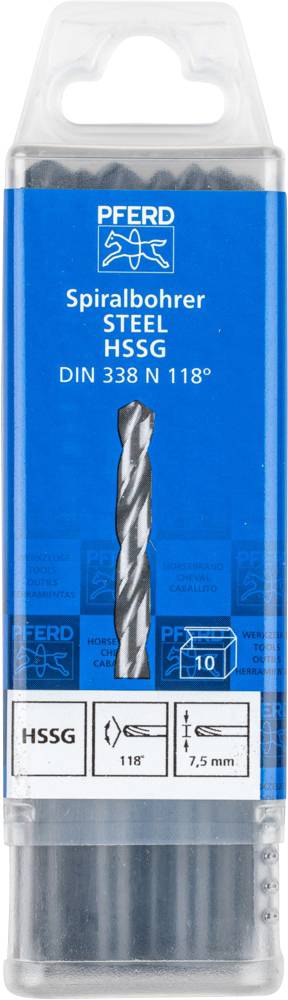 Verpackung für Spiralbohrer aus Stahl, Marke Pferd, DIN 338 N 118°, Durchmesser 7,5 mm, 10 Stück.