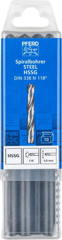Eine Packung mit zehn Spiralbohrern aus Stahl, markiert mit 'DIN 338 N 118°'. Verpackung ist überwiegend blau mit einer transparenten Kappe.