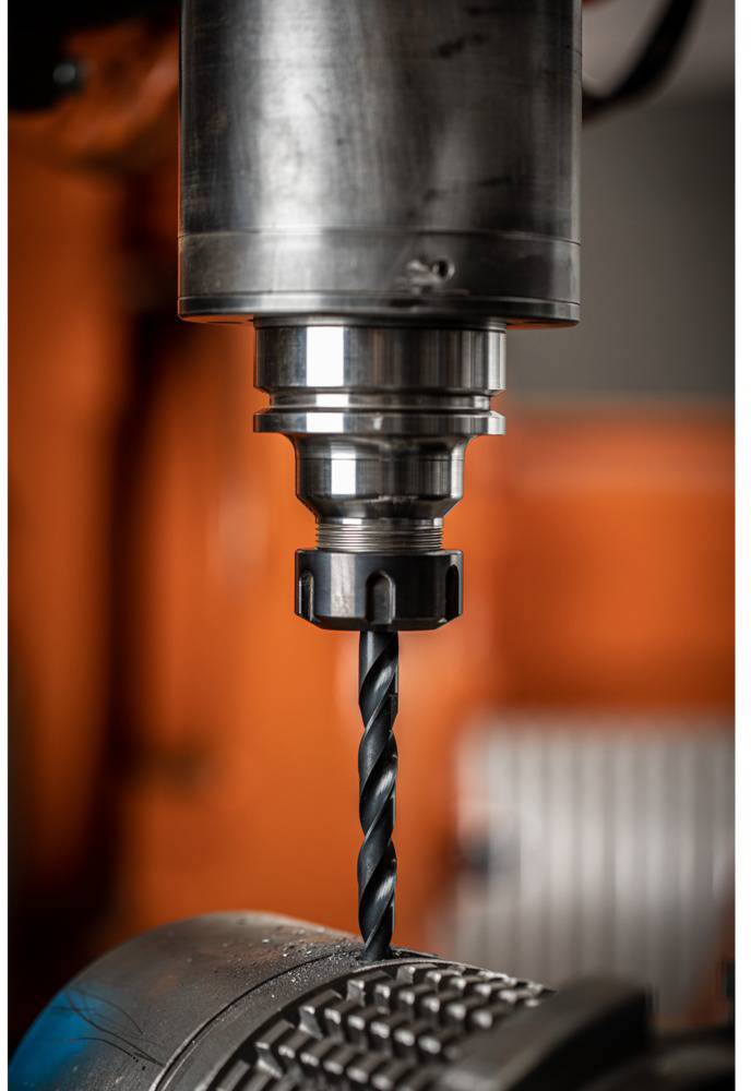 Nahaufnahme eines Bohrers, der sich über einem Metallstück befindet, bereit zur Bearbeitung. Im Hintergrund unscharf orangefarbene Maschine.