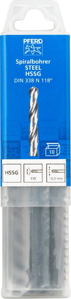 Verpackung eines Spiralbohrers aus Stahl, 10 mm, mit Aufschrift 'PFERD', DIN 338 N 118°. Enthält ein Bild eines Bohrers und die Anzahl 10.