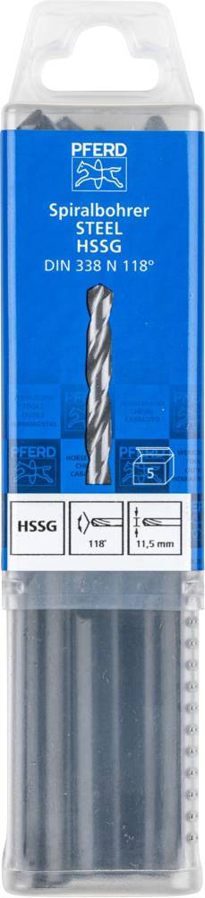 Verpackung mit Spiralbohrer, Marke 'Pferd', Typ 'STEEL HSSG', Durchmesser 11,5 mm, DIN 338, geeignet für Metallbohrungen.