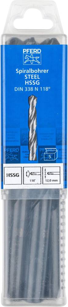 'Spiralbohrer Stahl HSSG DIN 338 N 118° 12,0 mm' von PFERD in einer transparenten Verpackung.