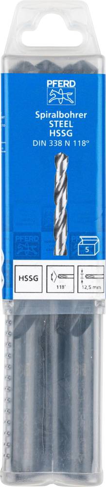 Eine Packung mit Spiralbohrern aus Stahl, Marke Pferd, mit Spezifikationen: HSSG, DIN 338 N 118°, 1,5 mm Durchmesser.