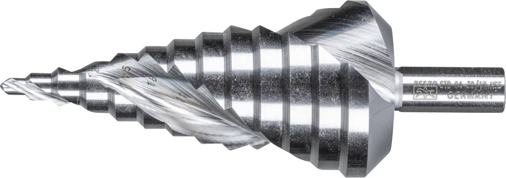 Stufenbohrer aus Stahl, zylindrisch geformt, mit spiralförmigen Schneidkanten. Hauptsächlich für präzises Bohren in Metall verwendet.
