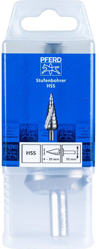 Verpackung eines Stufenbohrers HSS von PFERD, geeignet für Lochdurchmesser von 4–39 mm und einer Länge von 10 mm.