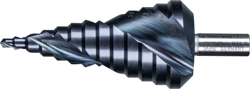 Ein konischer Stufenbohrer aus Metall, geeignet für das Bohren von unterschiedlichen Lochgrößen, mit spiralförmigen Kanten.